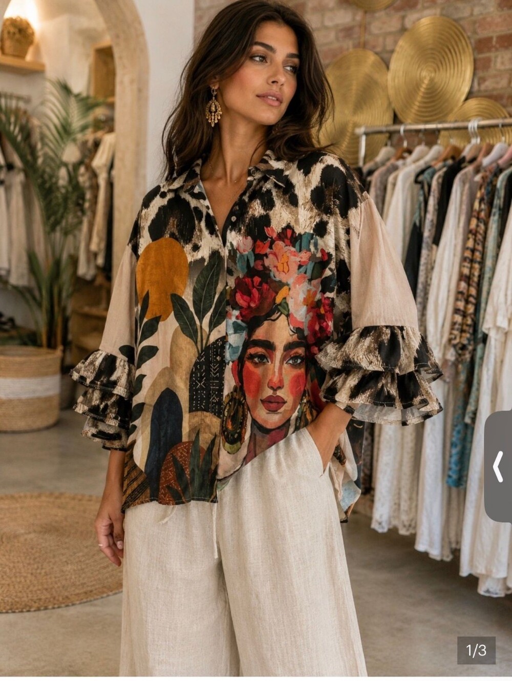 OZ80 Made In Otaly Boho Freda Floral Portrait Ruffle-Sleeve Button-Up Top